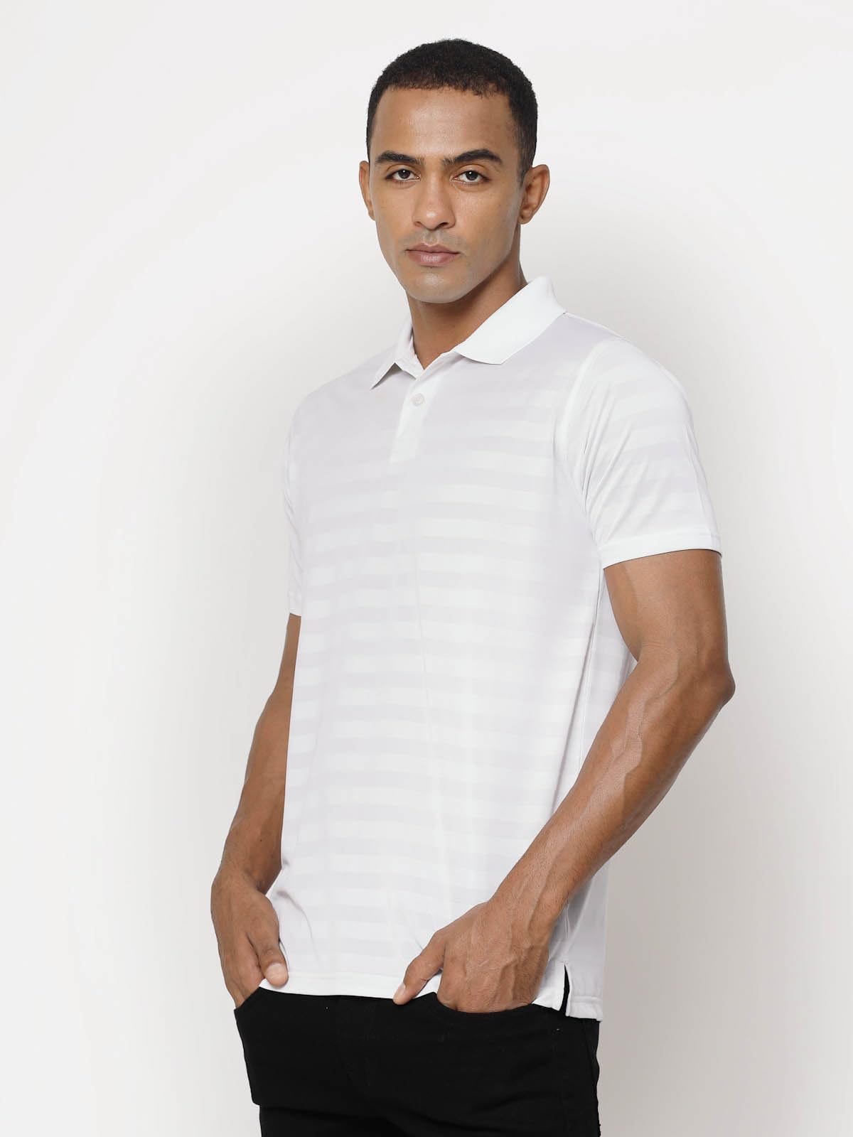 Fundoo Men's Polyester Tonal Stripe Polo T-Shirt – White