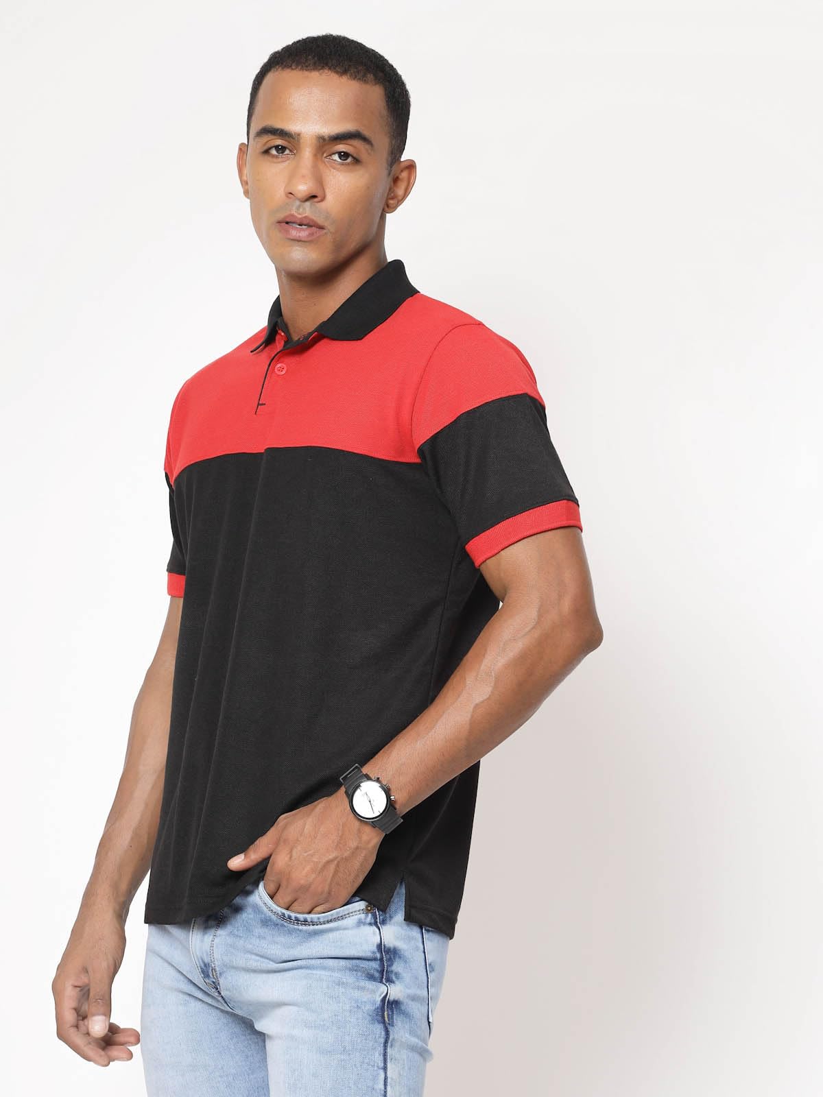 Fundoo Men's Polyester Color Block Polo T-Shirt – Black & Red