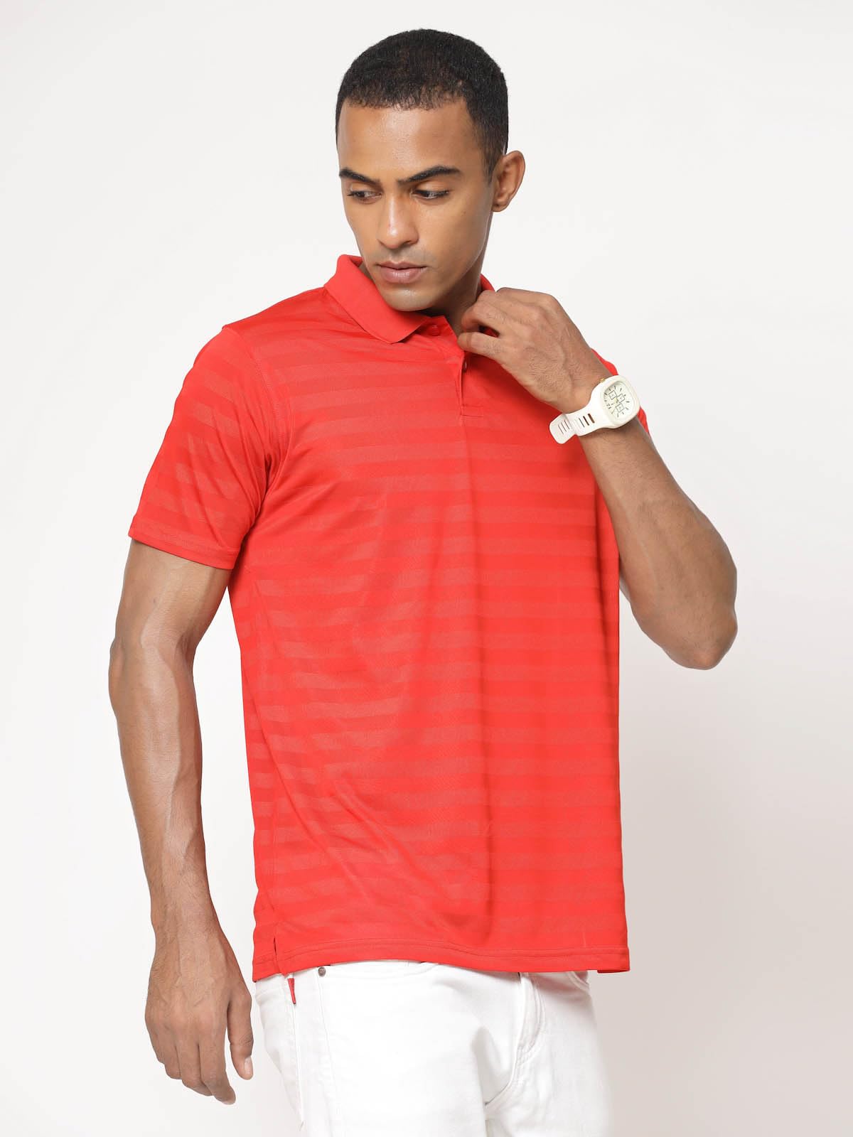 Fundoo Men's Polyester Tonal Stripe Polo T-Shirt – Red