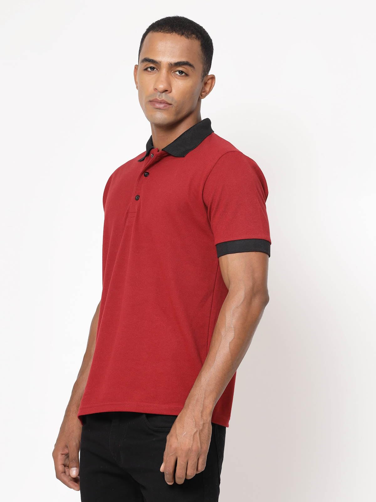 Fundoo Men's Poly Cotton Polo T-Shirt – Maroon & Black Contrast Collar