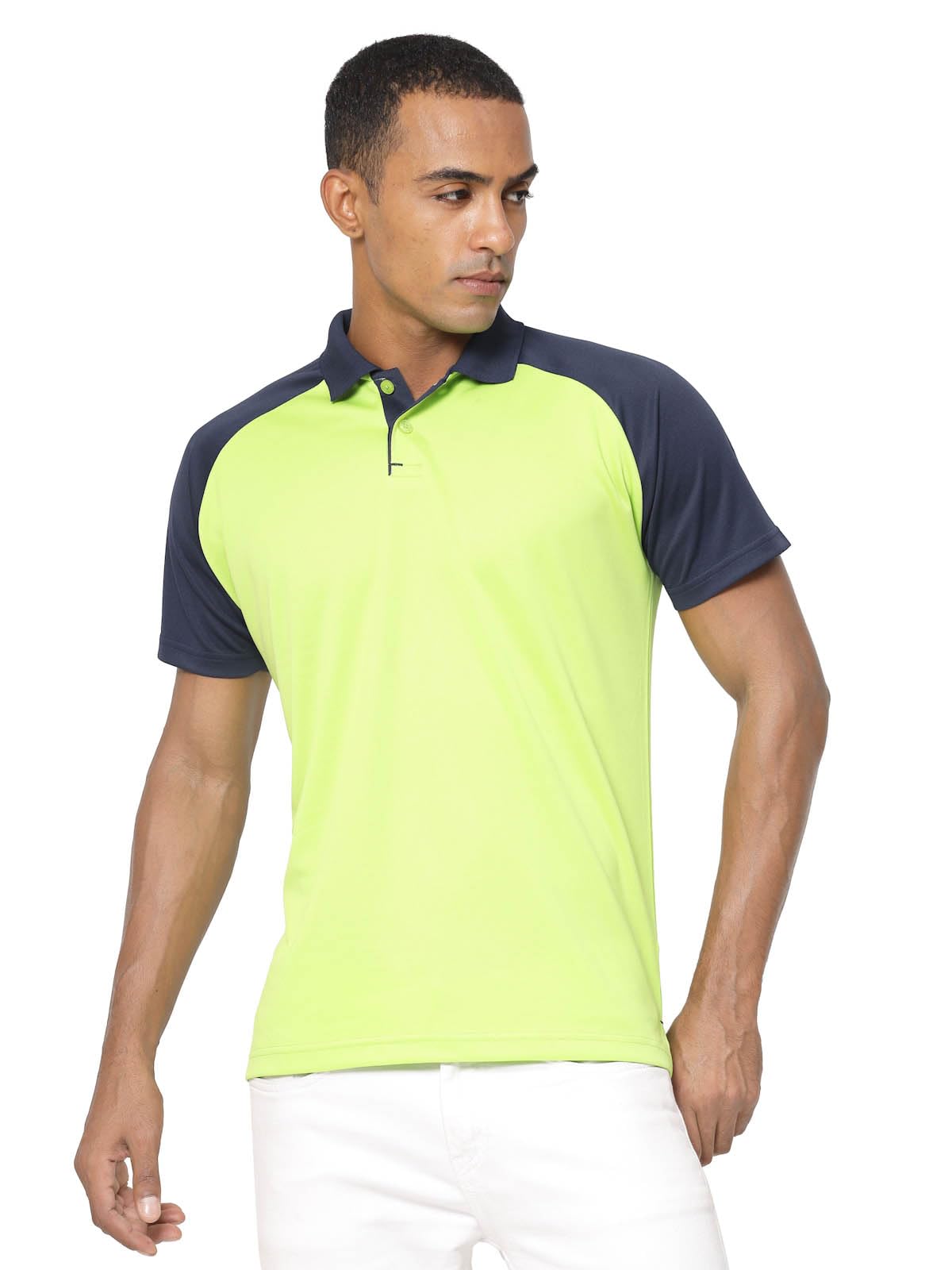 Fundoo Men's Polyester Raglan Polo T-Shirt – Neon Green & Navy Blue