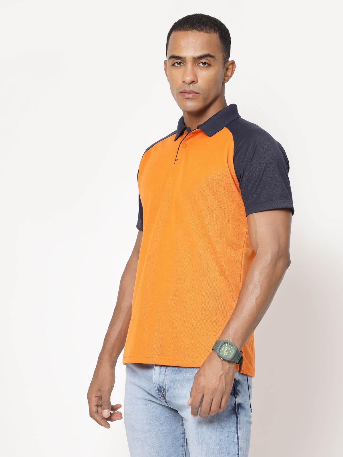 Fundoo Men's Polyester Raglan Polo T-Shirt – Orange & Navy Blue