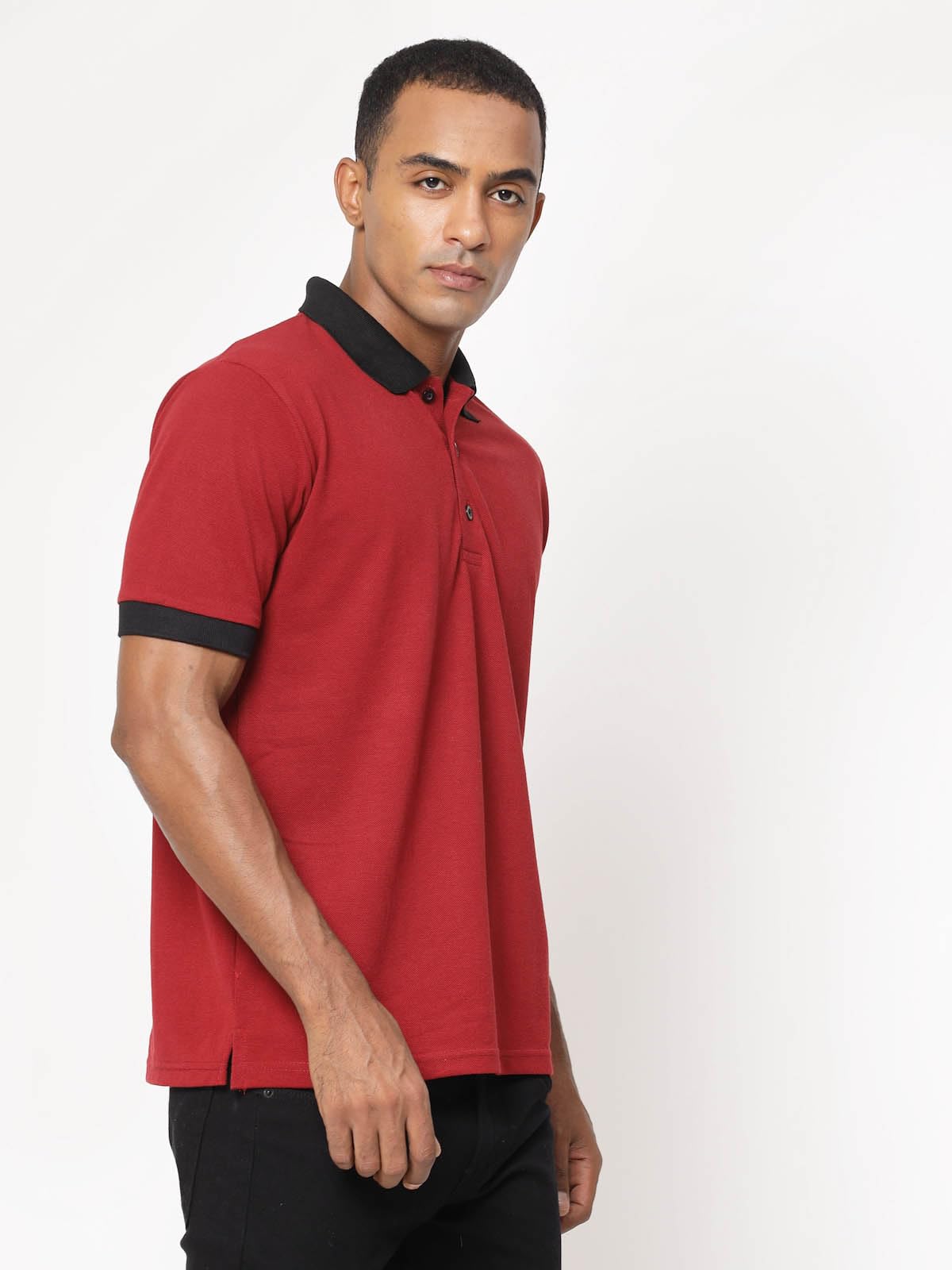 Fundoo Men's Poly Cotton Polo T-Shirt – Maroon & Black Contrast Collar