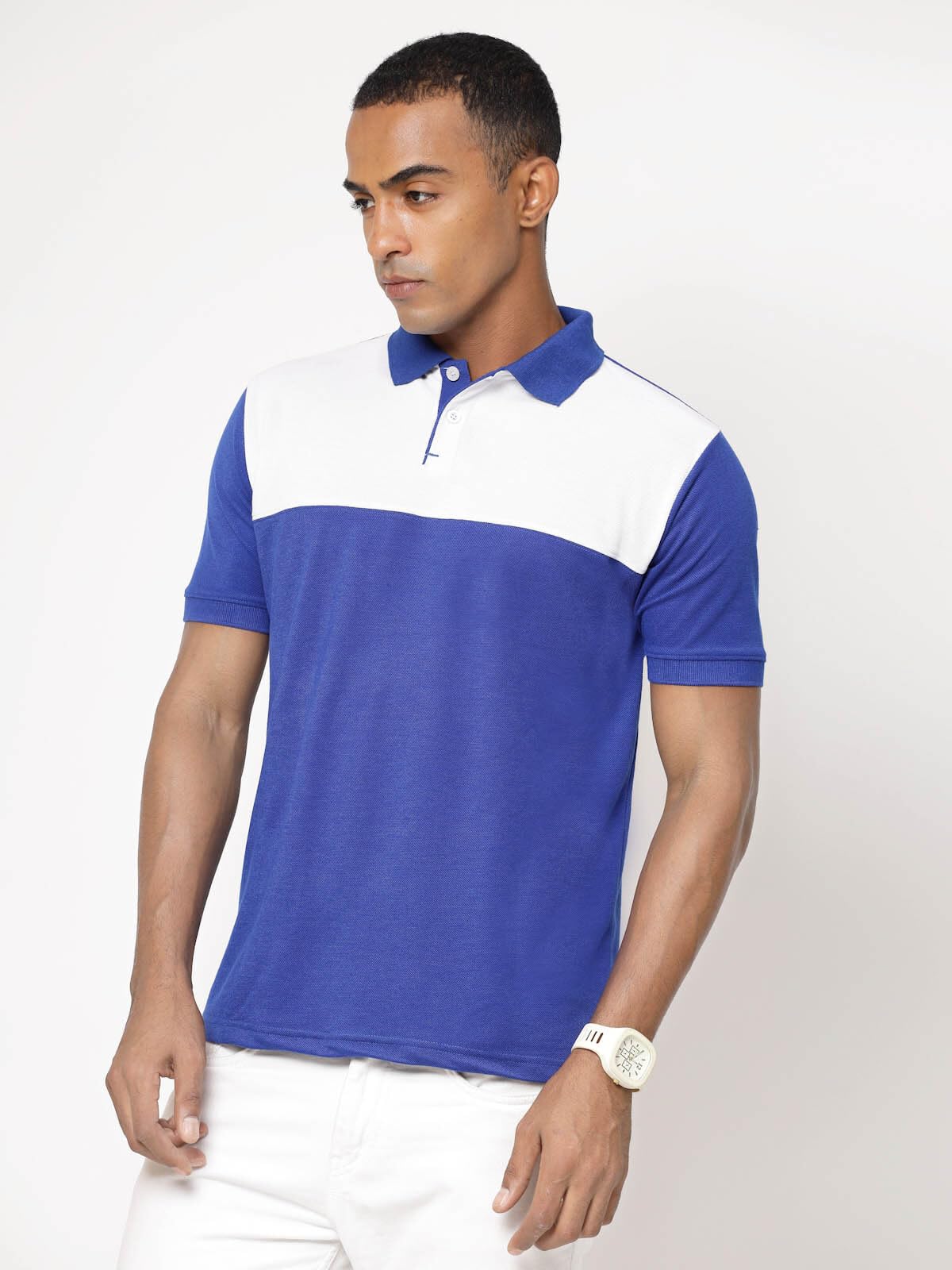 Fundoo Men's Polyester Color Block Polo T-Shirt – Royal Blue & White