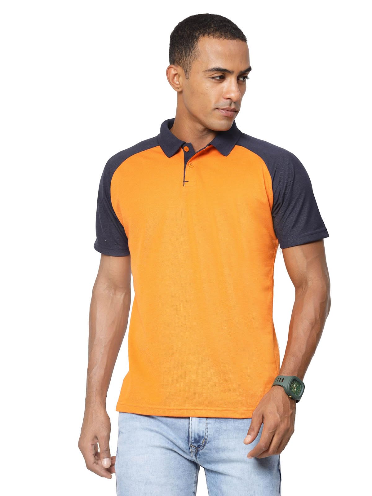 Fundoo Men's Polyester Raglan Polo T-Shirt – Orange & Navy Blue