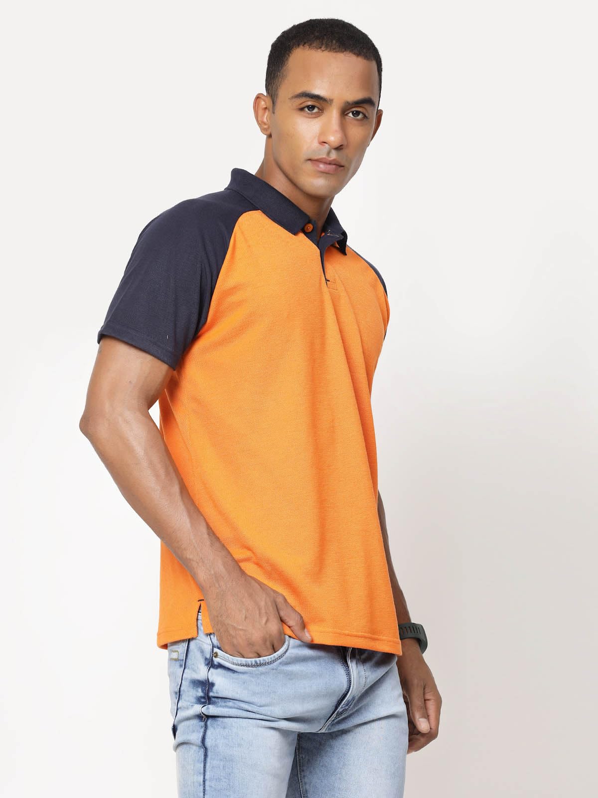 Fundoo Men's Polyester Raglan Polo T-Shirt – Orange & Navy Blue