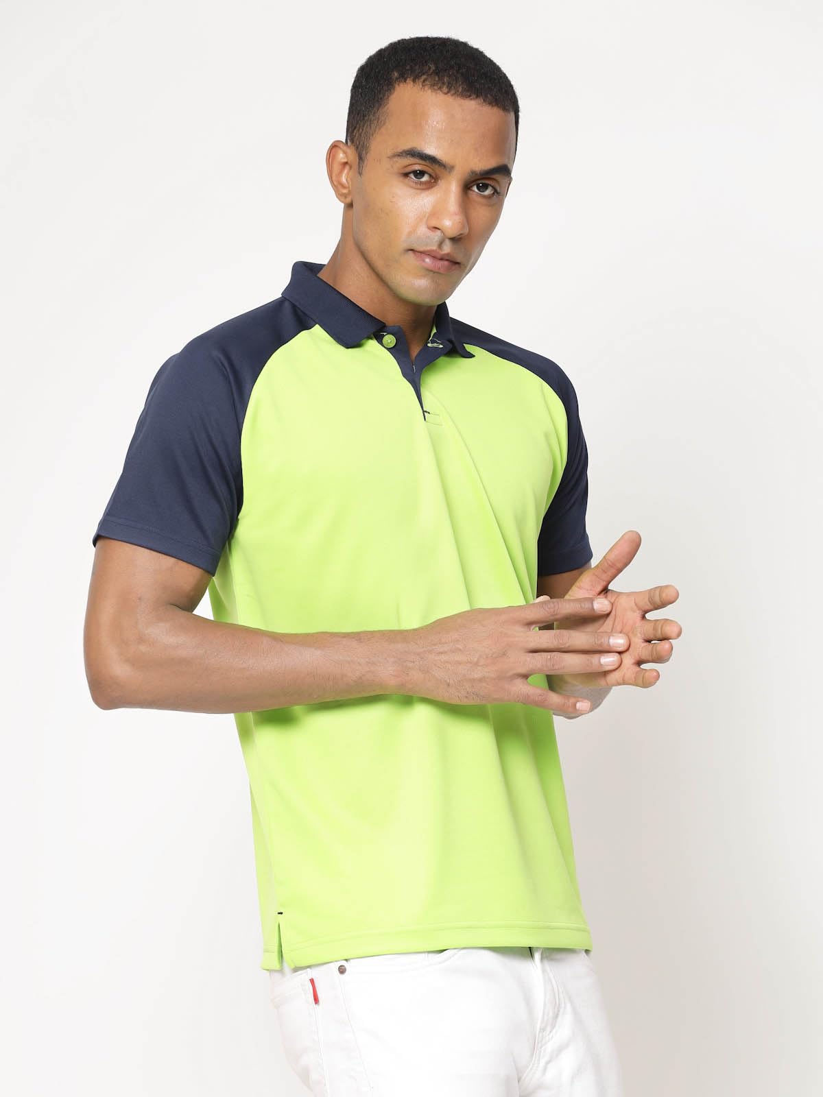 Fundoo Men's Polyester Raglan Polo T-Shirt – Neon Green & Navy Blue