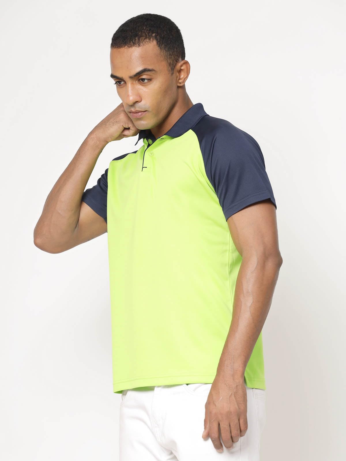 Fundoo Men's Polyester Raglan Polo T-Shirt – Neon Green & Navy Blue