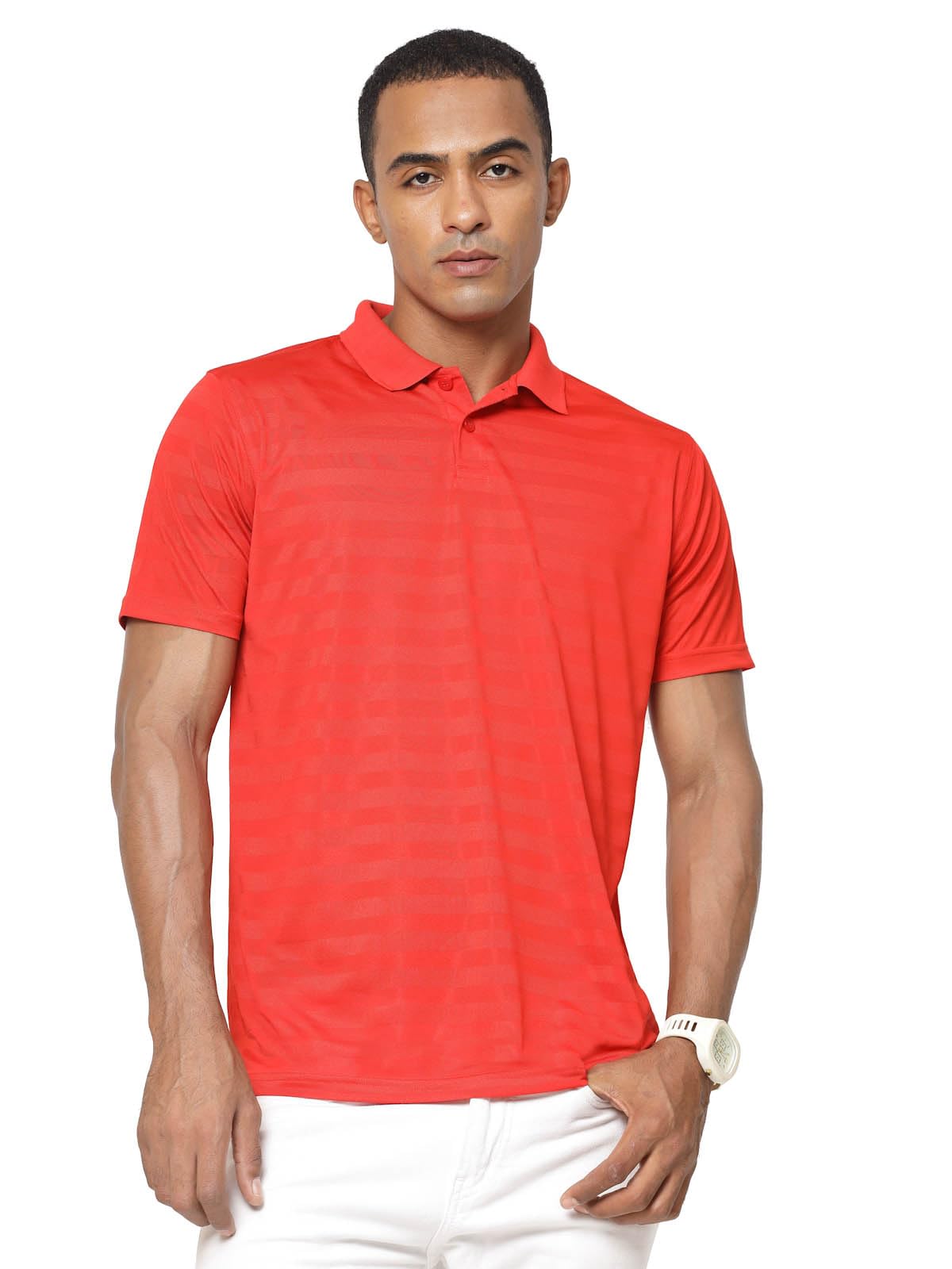 Fundoo Men's Polyester Tonal Stripe Polo T-Shirt – Red