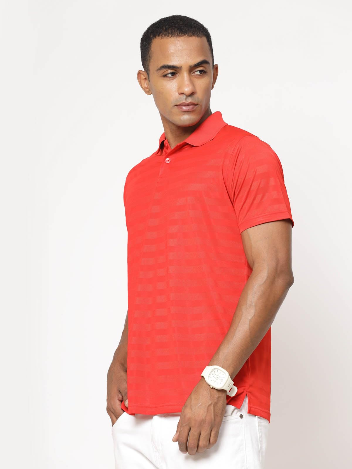 Fundoo Men's Polyester Tonal Stripe Polo T-Shirt – Red