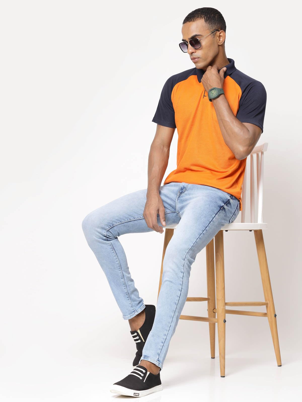 Fundoo Men's Polyester Raglan Polo T-Shirt – Orange & Navy Blue