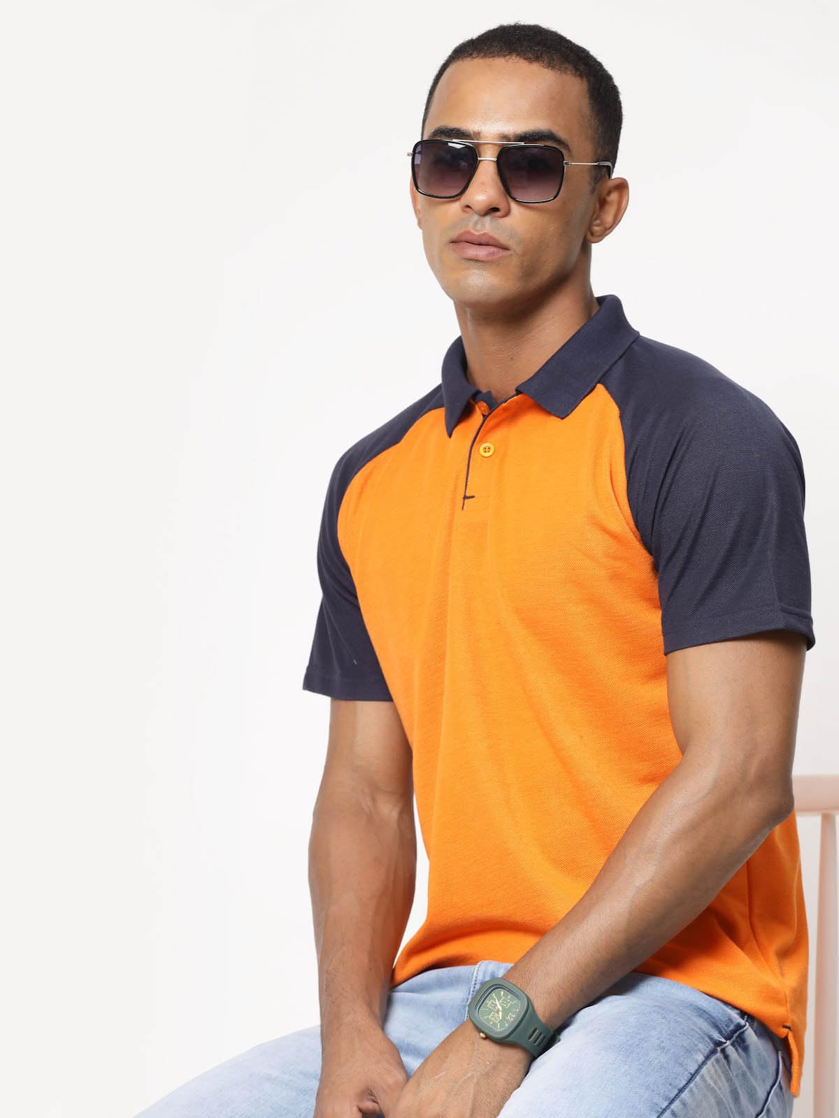 Fundoo Men's Polyester Raglan Polo T-Shirt – Orange & Navy Blue