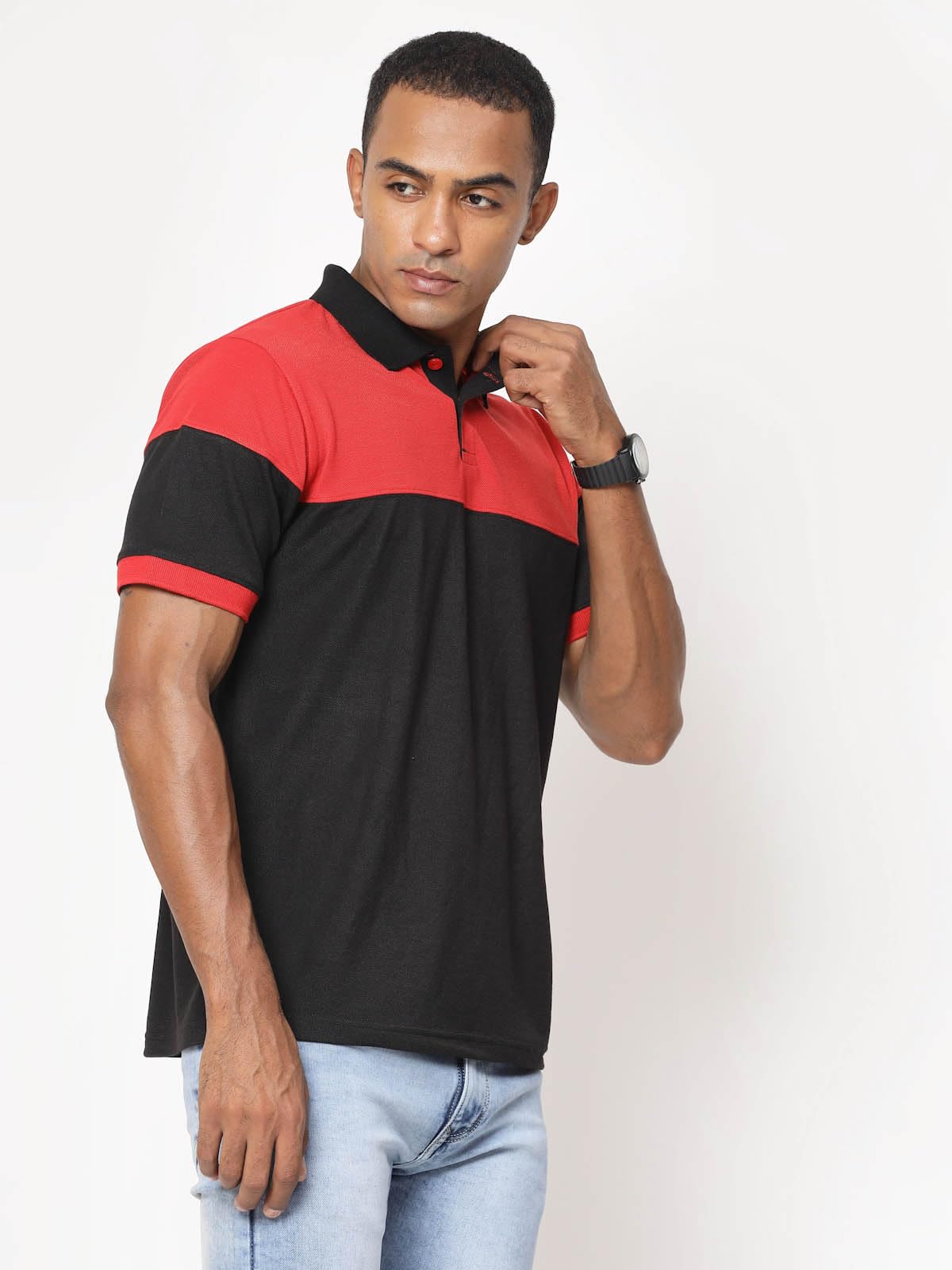 Fundoo Men's Polyester Color Block Polo T-Shirt – Black & Red