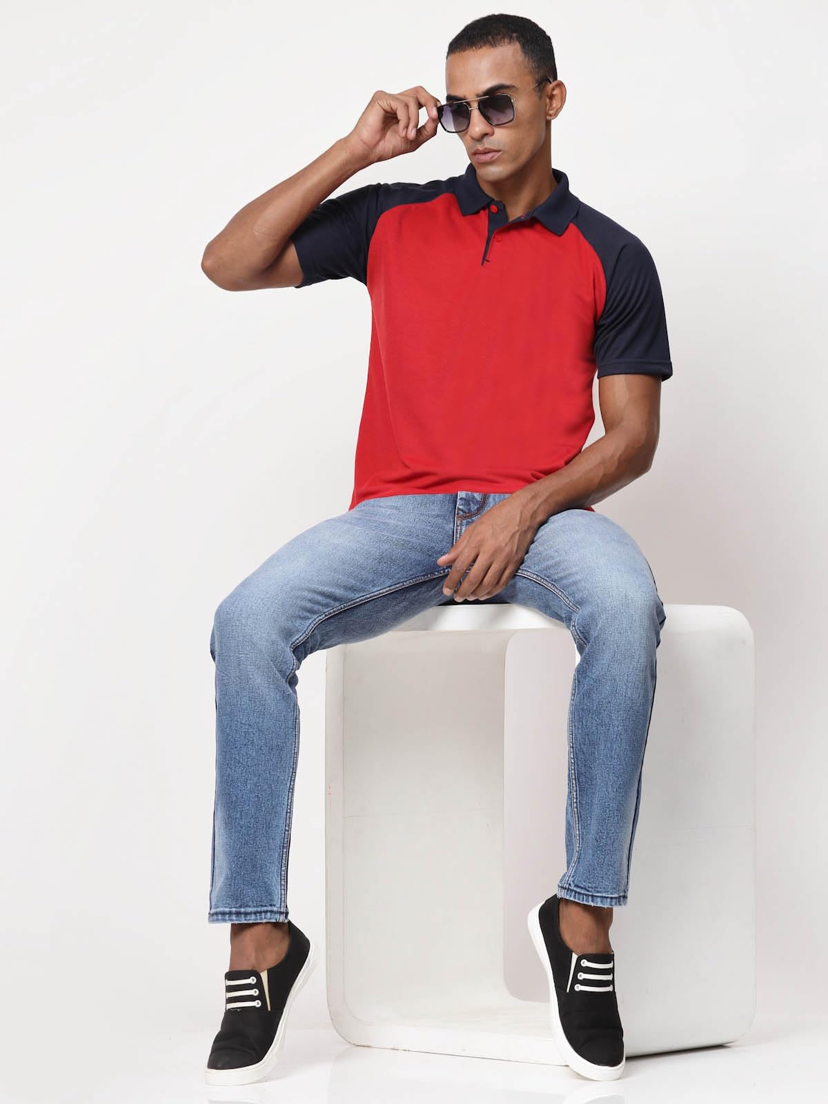 Fundoo Men's Polyester Raglan Polo T-Shirt – Red & Navy Blue