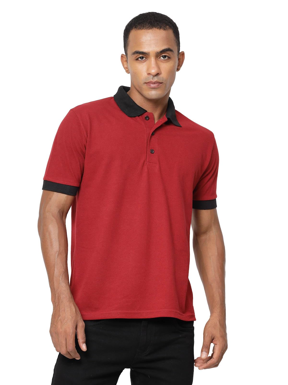 Fundoo Men's Poly Cotton Polo T-Shirt – Maroon & Black Contrast Collar