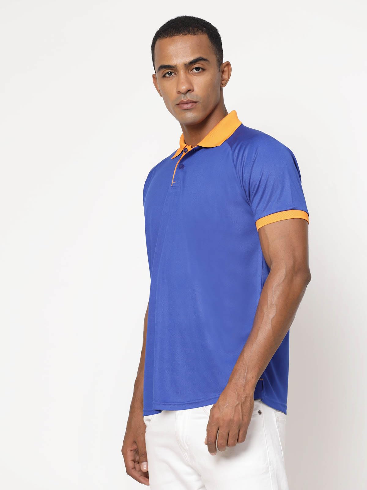 Fundoo Men's Polyester Polo T-Shirt – Royal Blue & Orange Contrast Collar