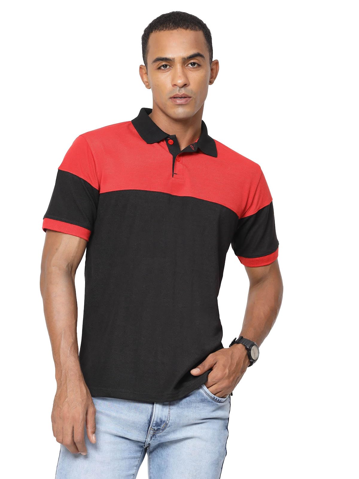 Fundoo Men's Polyester Color Block Polo T-Shirt – Black & Red