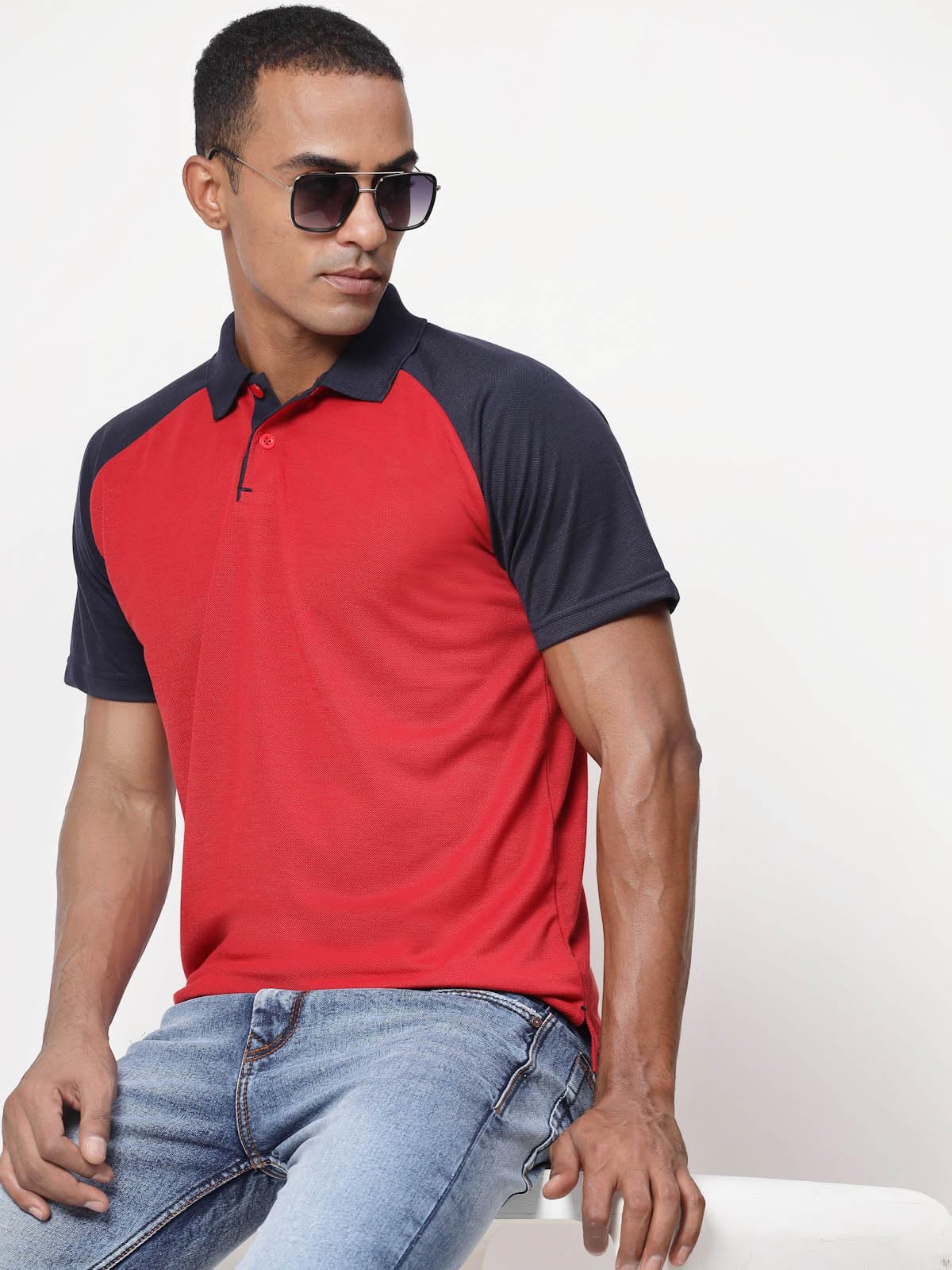 Fundoo Men's Polyester Raglan Polo T-Shirt – Red & Navy Blue