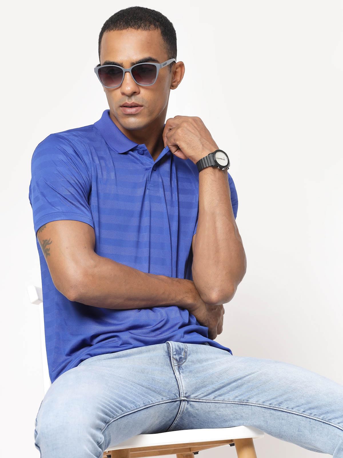 Fundoo Men's Polyester Tonal Stripe Polo T-Shirt – Royal Blue